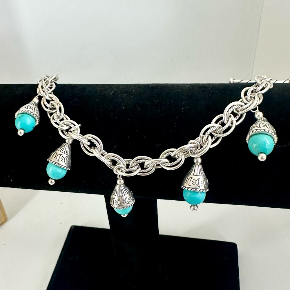 CAROLYN POLLACK Sterling Silver Turquoise Dangle Charm Toggle Bracelet; 7.5”